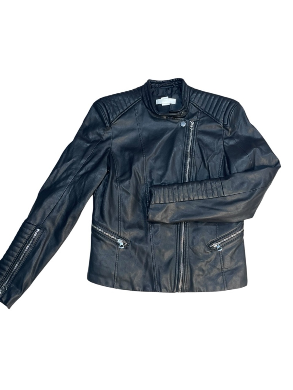 H&M Black Faux Leather Moto Jacket with Quilted Shoulders (WR70)